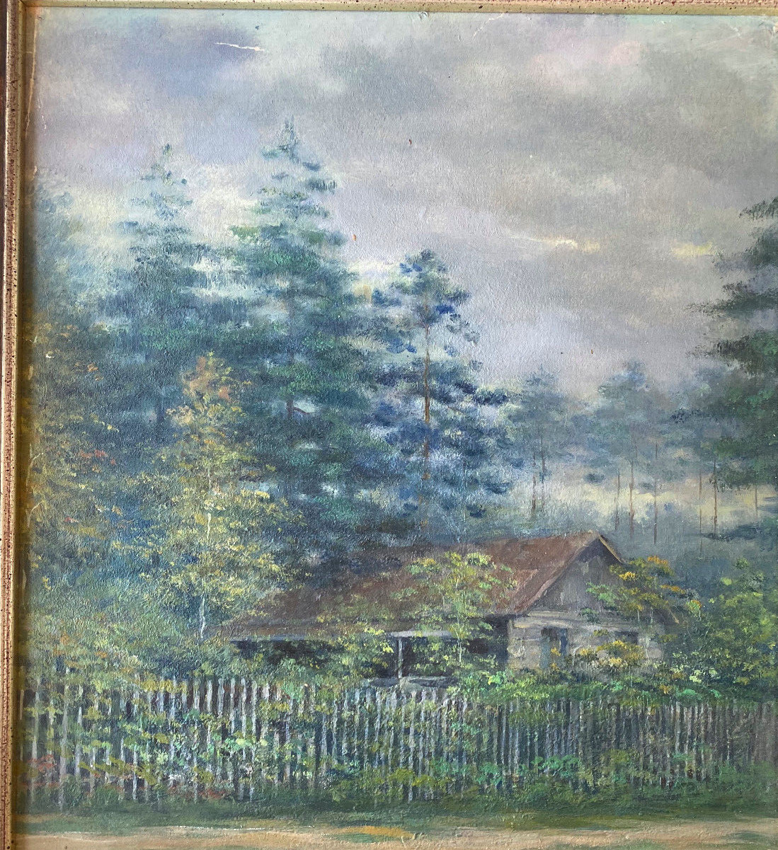 Oil Painting Home Between Trees Hut IN The Forest With Fence Pine Forest Detail