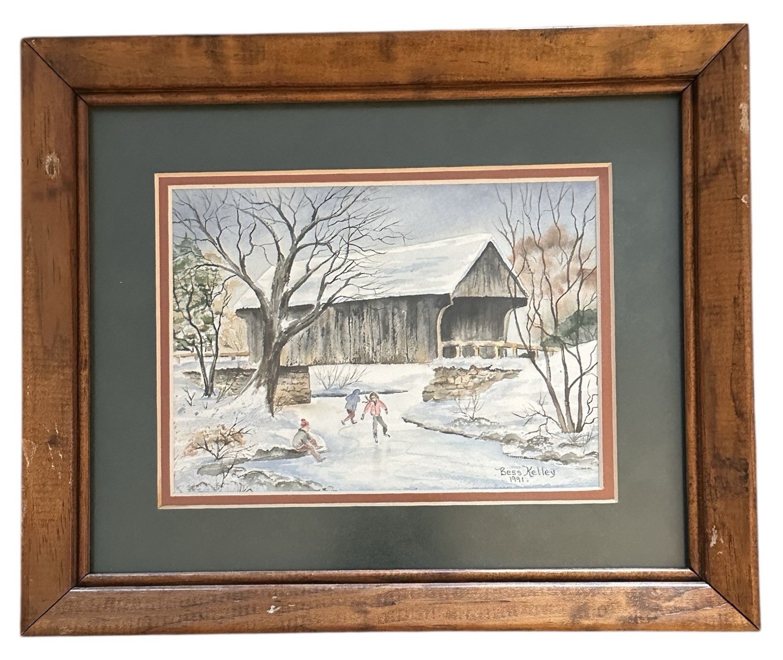 “Covered Bridge In Winter” Original Watercolor Signed Bess Kelly ‘91 Mtn View AR