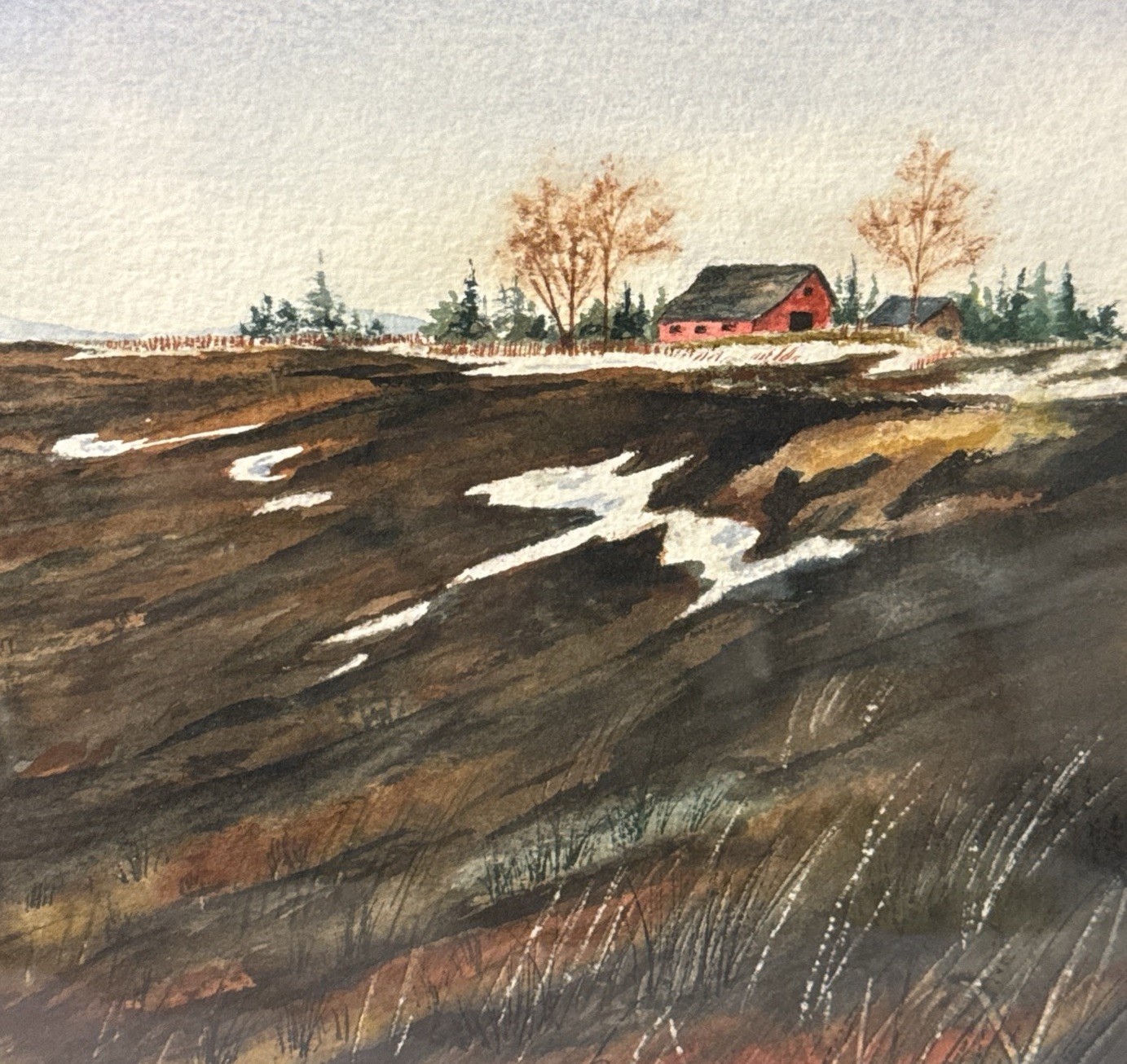 Original Watercolor Painting Winter/Early Spring Rustic Landscape-Signed-Framed