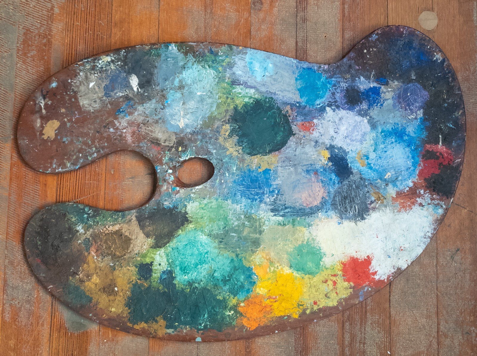 Antique Large Artist Used Oil Painting Palette Rainbow Colors