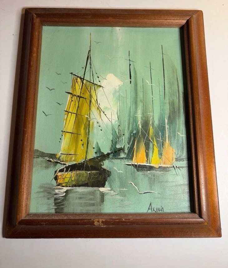 Vintage Mid Century Modern Original Sailboat Oil Painting Signed “Anna” Framed