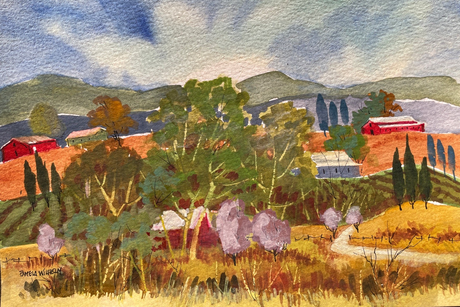 Pamela Wilhelm Watercolor 5”x7” Original Hillside Barns Trees Lush Landscape