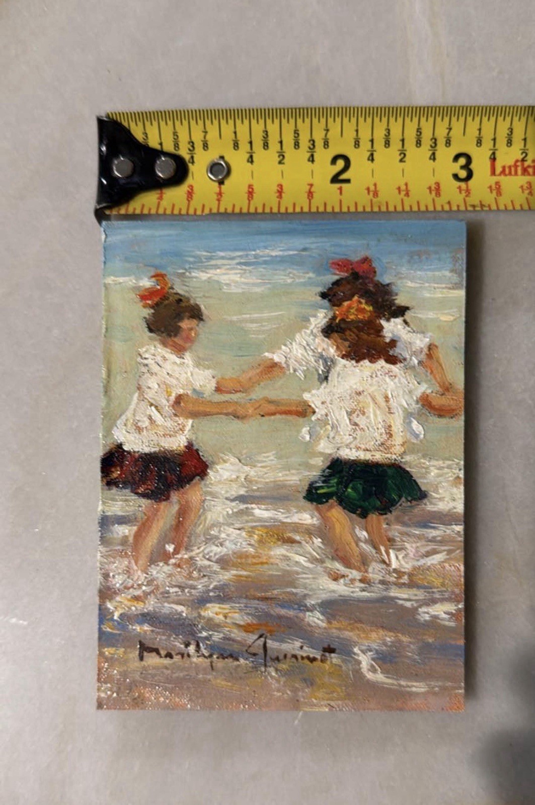 Marilyn Guerinot Signed Miniature Oil Painting – Children at Beach