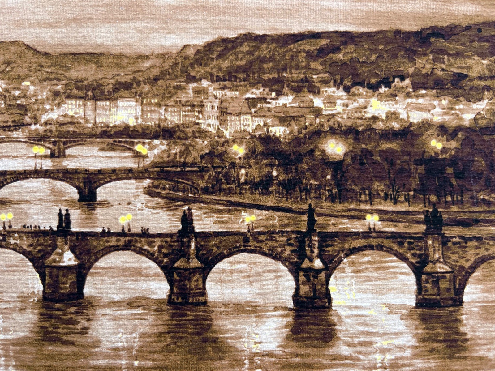 Framed Watercolor Cityscape Panoramic View of Prague at Night, Vltava