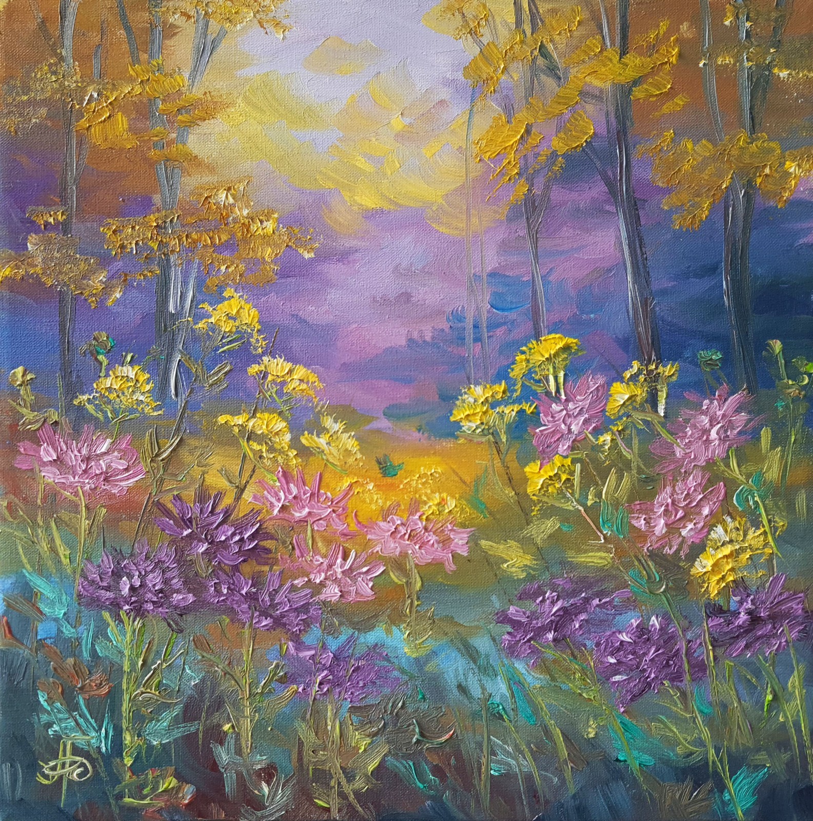 Golden Forest Glow Original Oil Painting Wildflower Landscape Autumn Nature Art