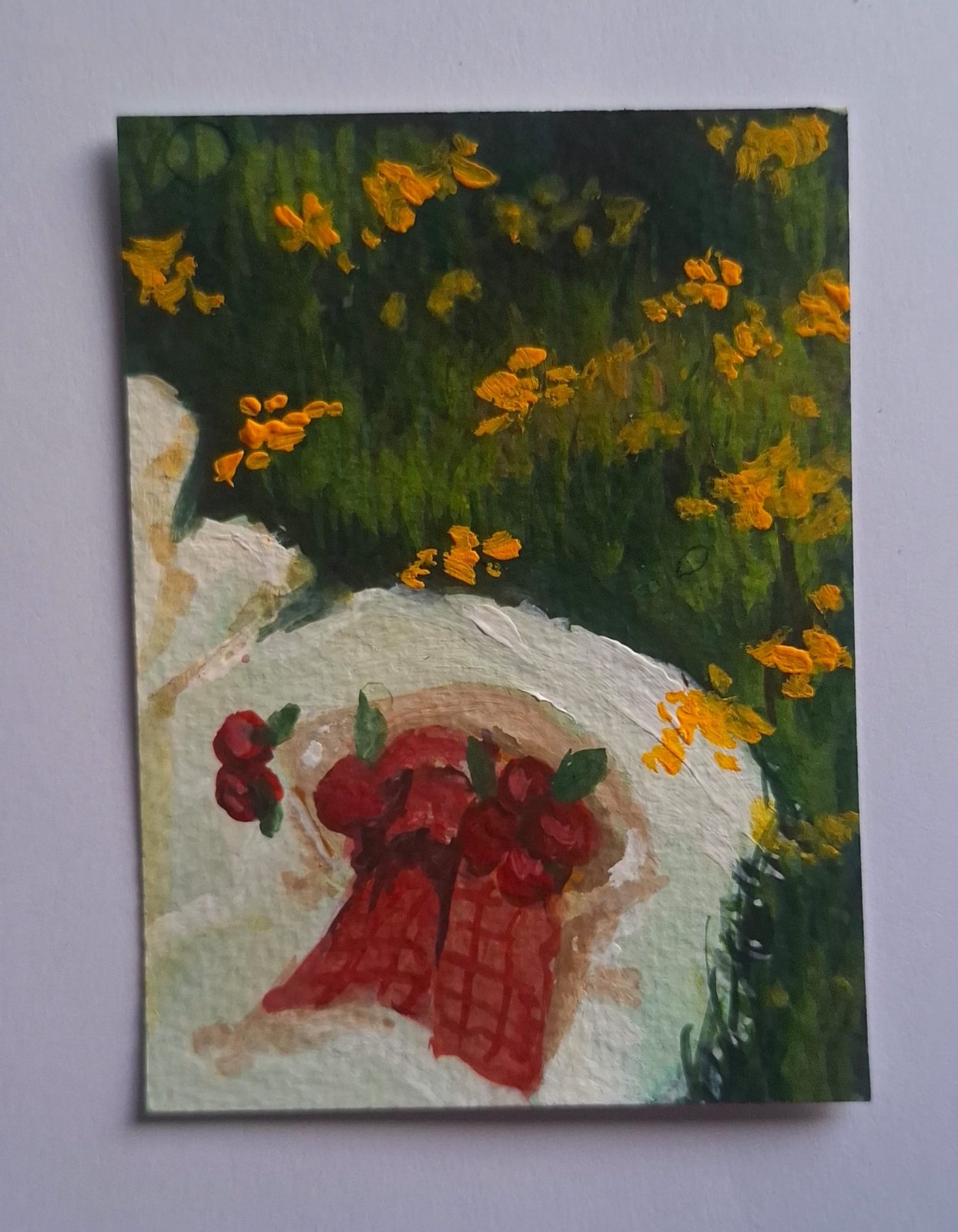 ACEO Original Gouache Picnic basket with apples Mini Painting “2,5 x 3,5”