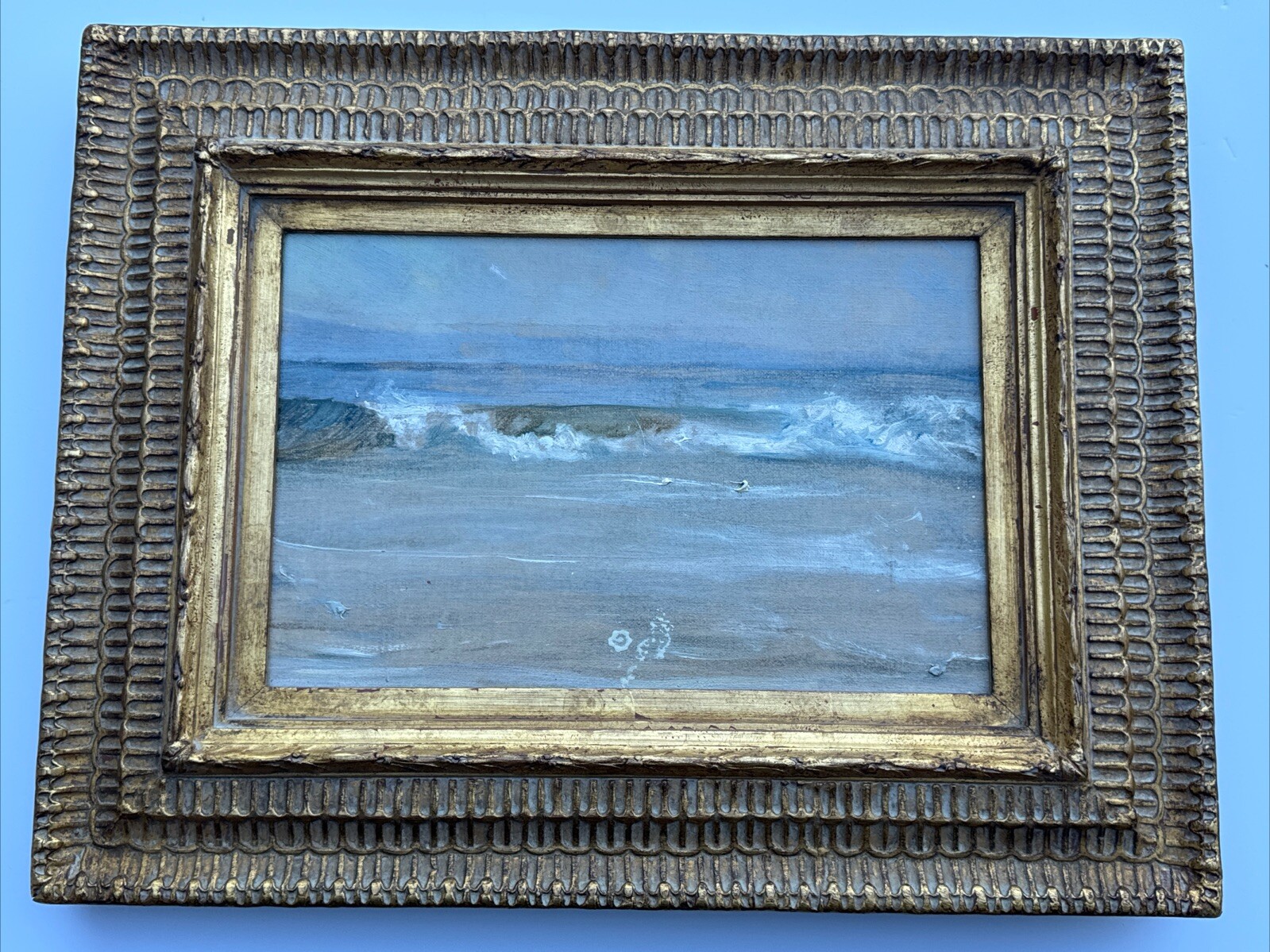 ANTIQUE COASTAL PAINTING BEACH WAVES 1920’S ESTATE STAMPED SIGNATURE MYSTERY SEA