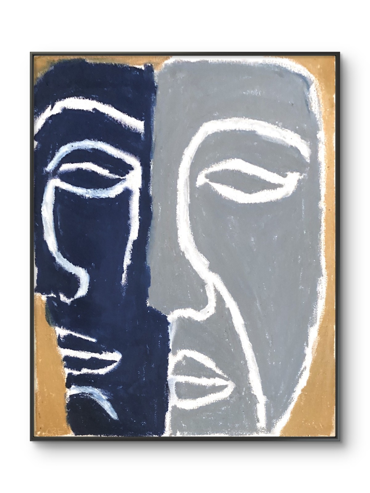 Mask Face Pop Blue Gray African Triptych #1 Original Wall Art 11 by 14 Canvas