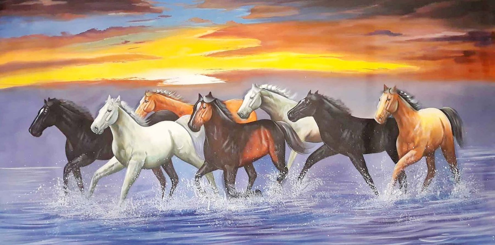 Seven Running Horse Painting Hand Painted On Canvas For Wall Decor 50×25 Inches