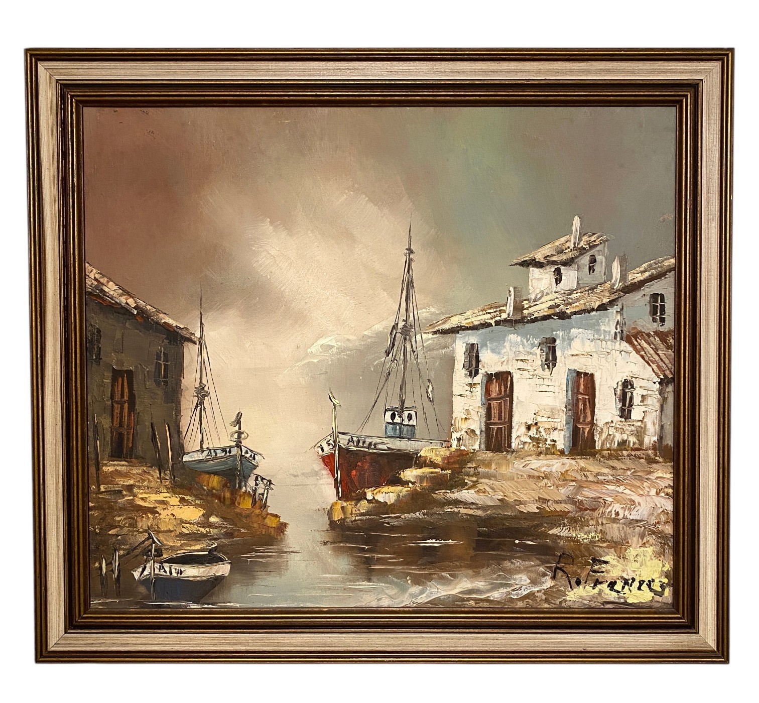 Fishing Boats Original Oil Painting Mediterranean Dock Harbor Nautical Seascape