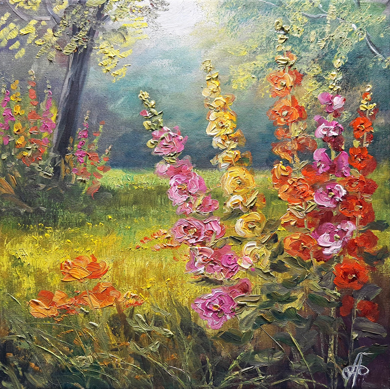 Colorful Hollyhocks Oil Painting Original Garden Flowers Wall Art Canvas 10×10