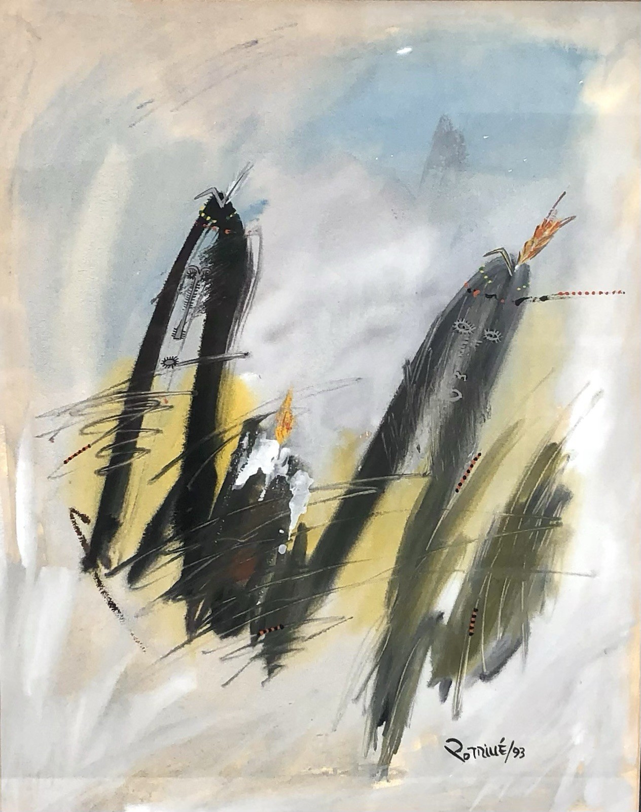 Original Abstract Gouache on Paper Painting Signed Potriue Framed Under Glass