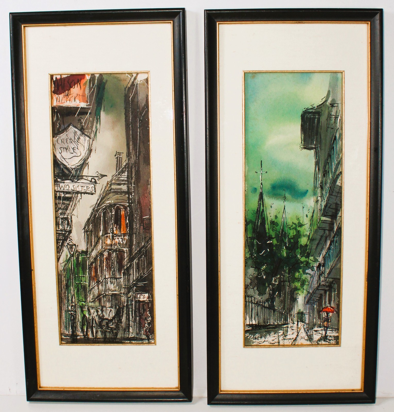 TOM LANE 1916-1991 TWO WATERCOLOR SIGNED NEW ORLEANS FRENCH QUARTER CITYSCAPE