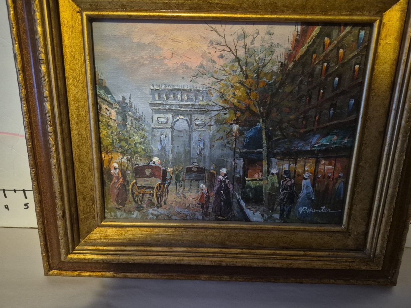 Original Oil Painting P. Hunter Paris Street Scene in Gold frame 15″ X 13.5″