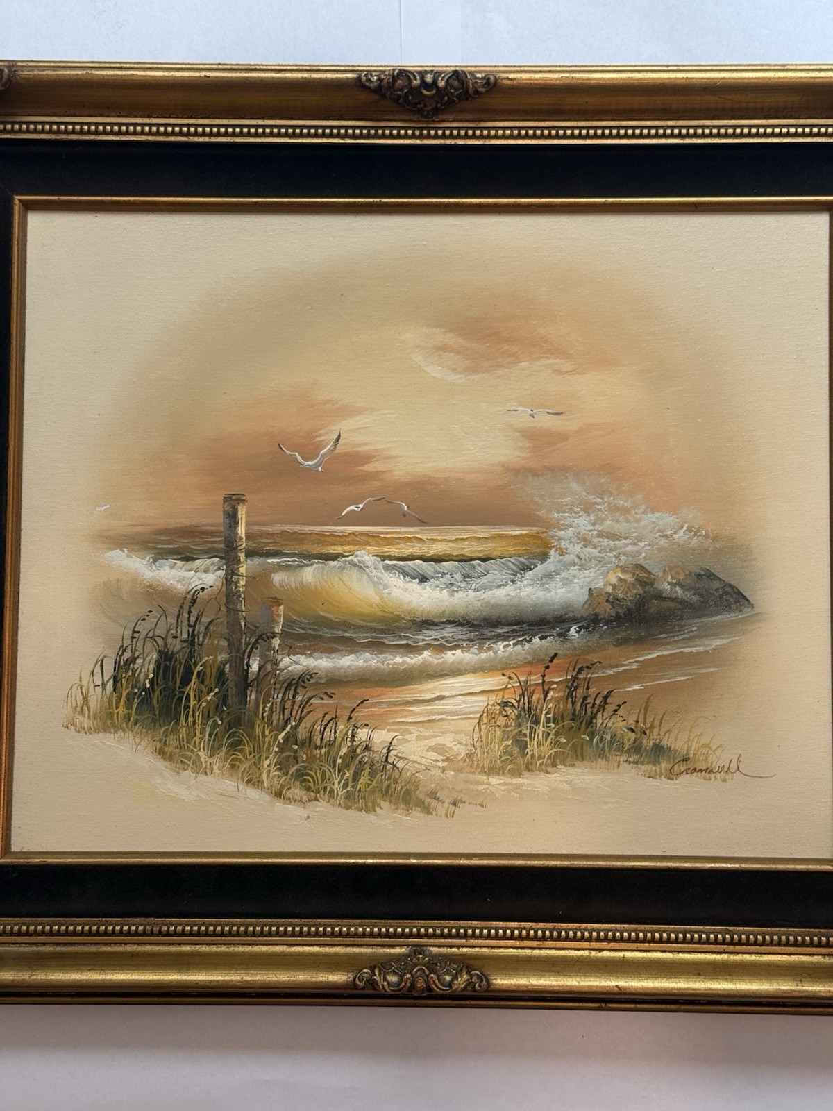 Signed Cromwell Seascape Oil Painting – Framed Coastal Sunset Waves Artwork