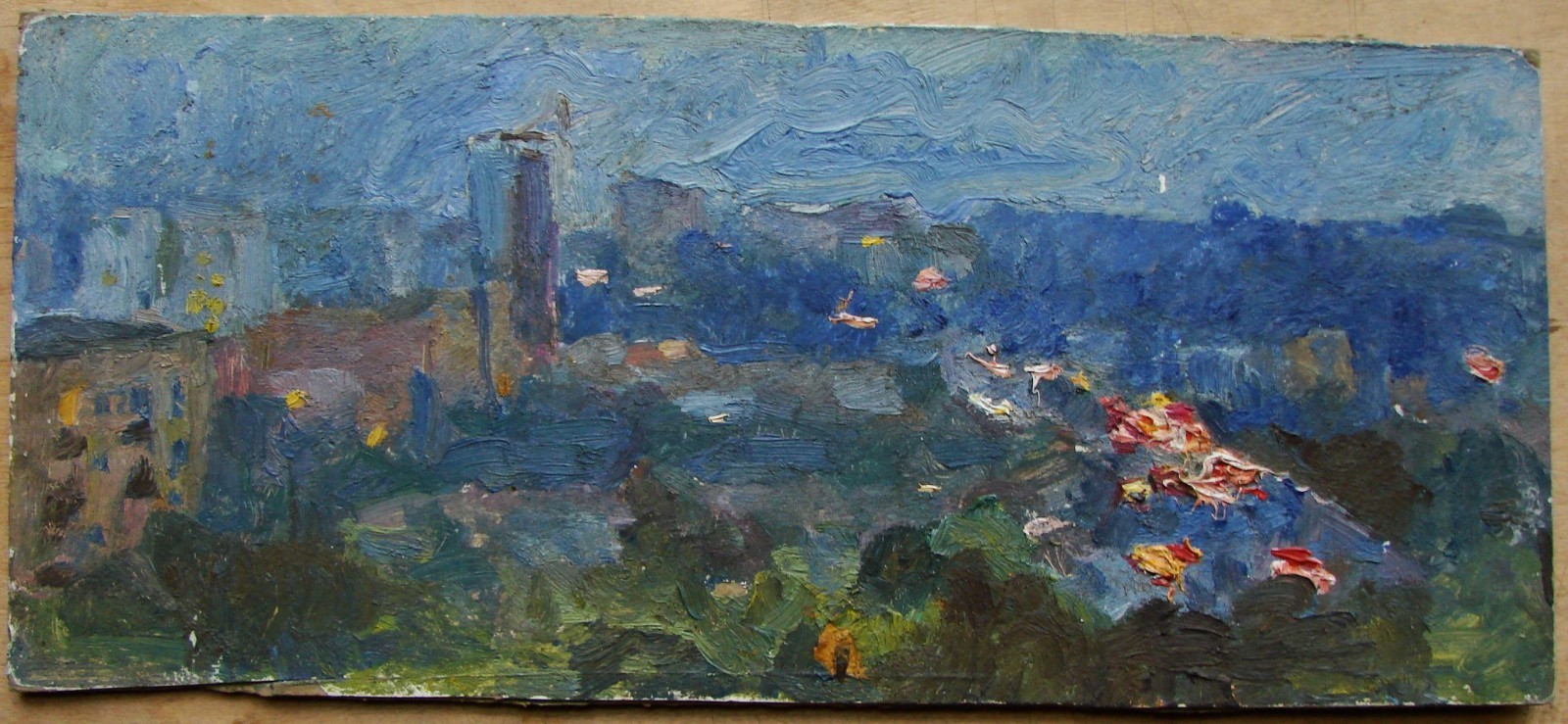 Ukrainian Soviet Oil Painting sityscape impressionism night city lights Kyiv