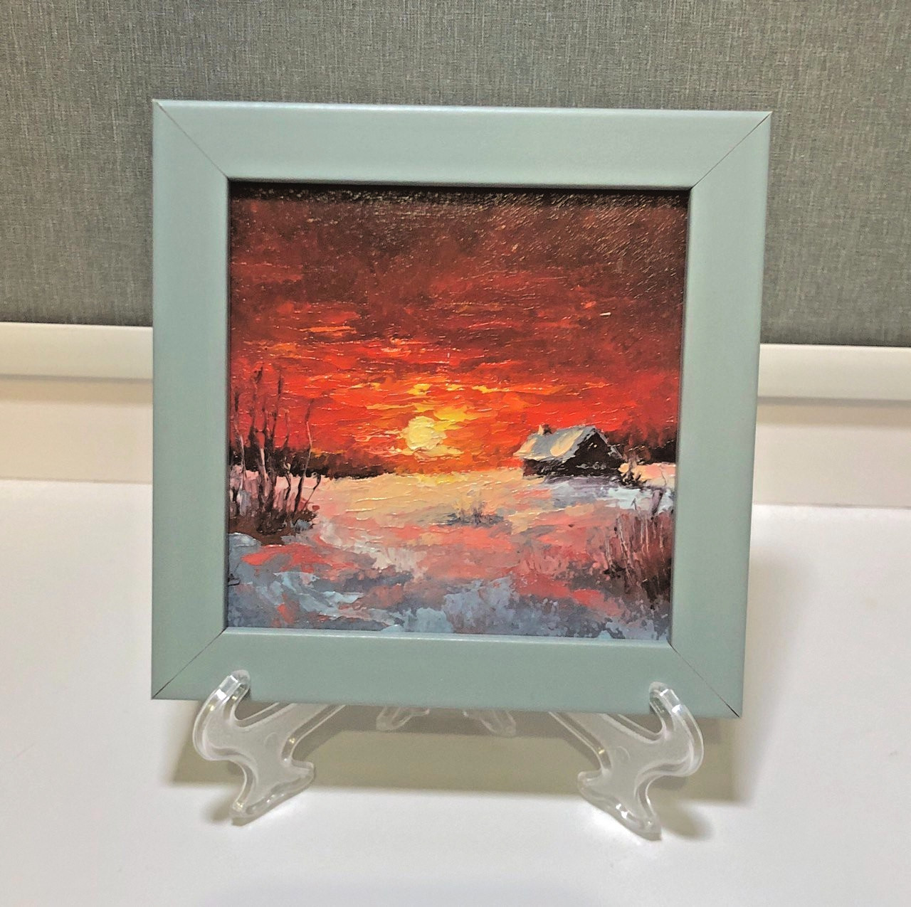 Original Framed Oil Painting Winter Landscape. Winter. House. Miniature 4×4 in