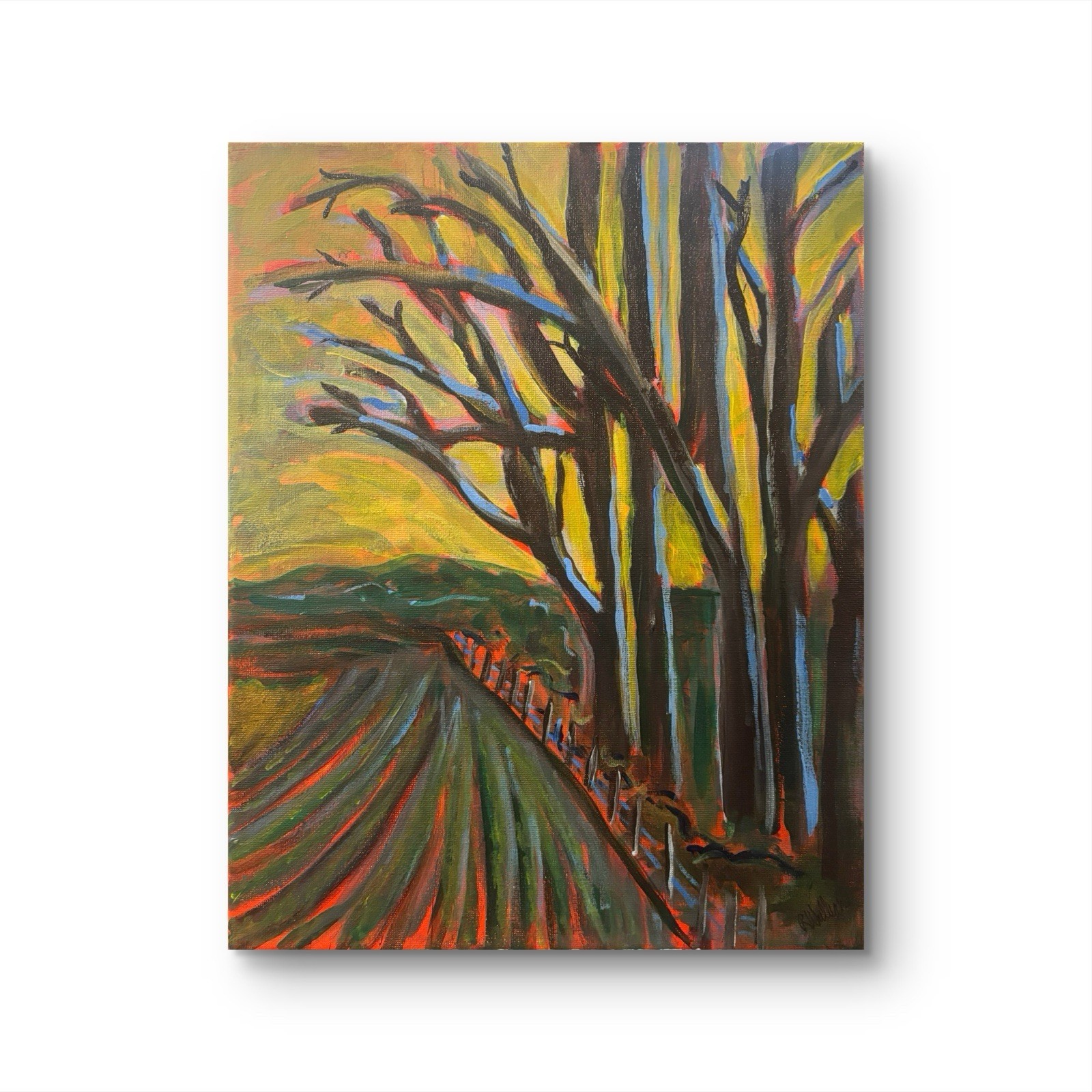 Original Art Signed Canvas Signed Landscape Colors Blue Yellow Orange
