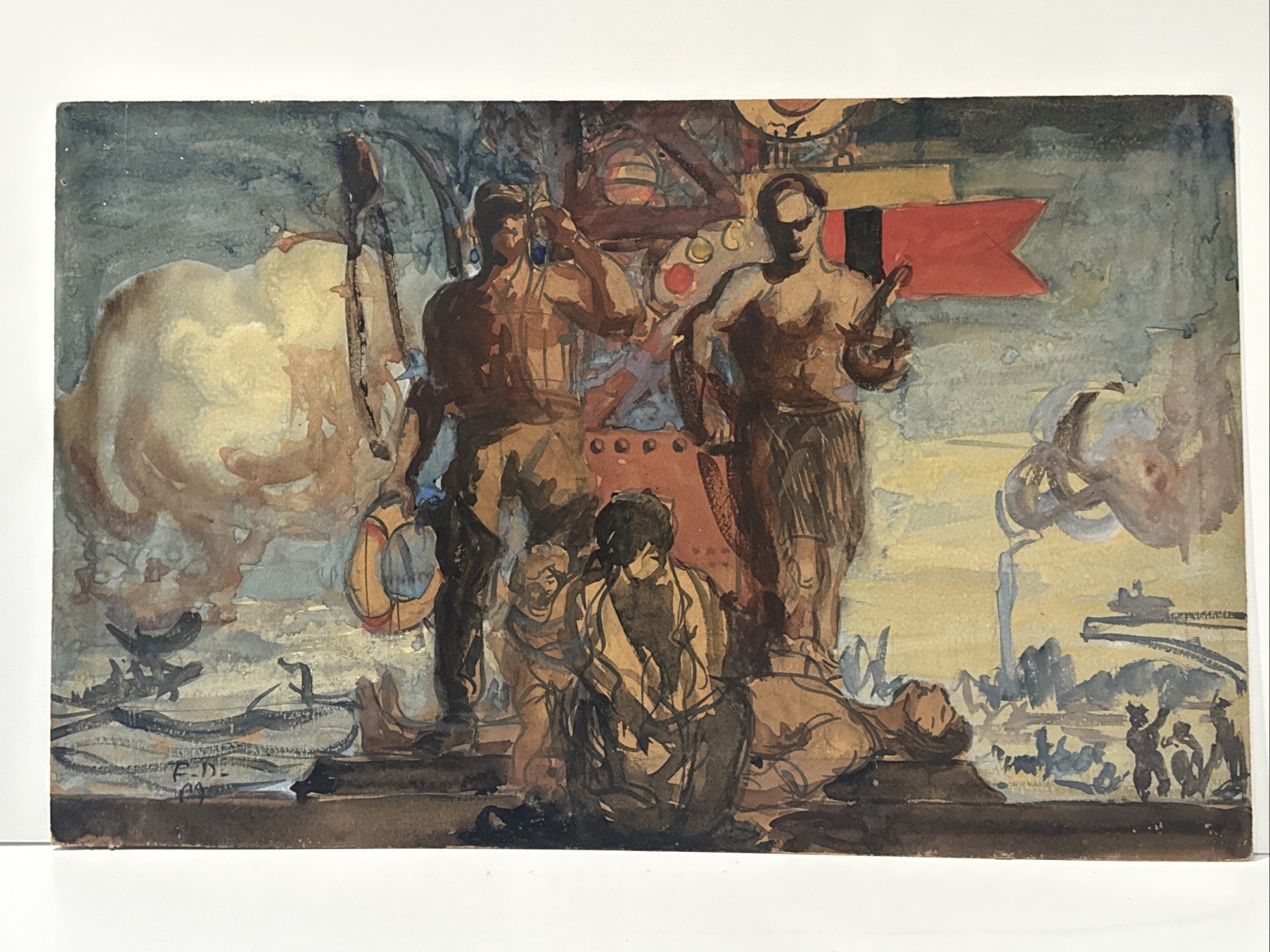 Antique Wpa Painting Illustration Frederick Dana Marsh Portrait Industrial Ships