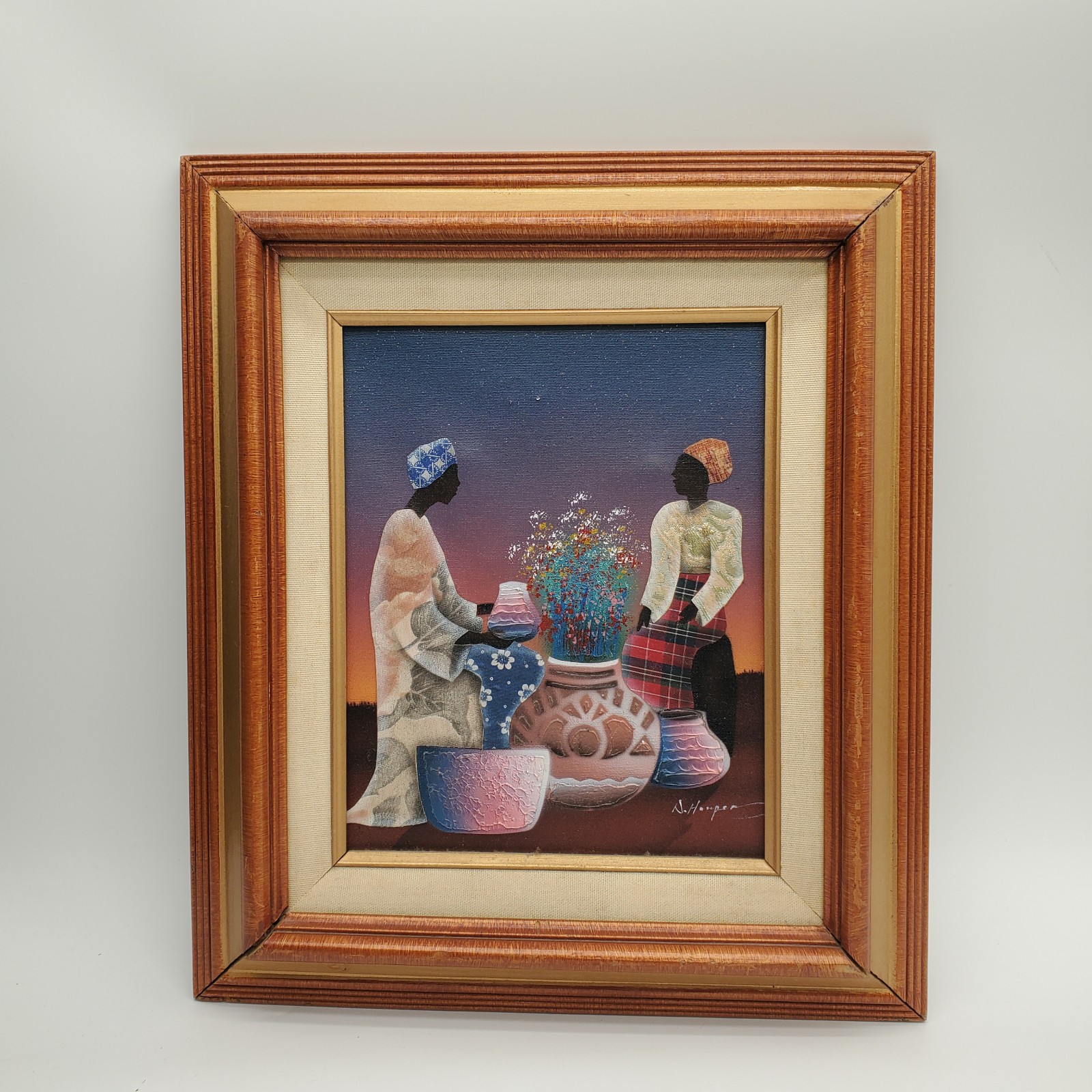 Vintage N. Harper Mixed Media Painting of African Women and Pottery