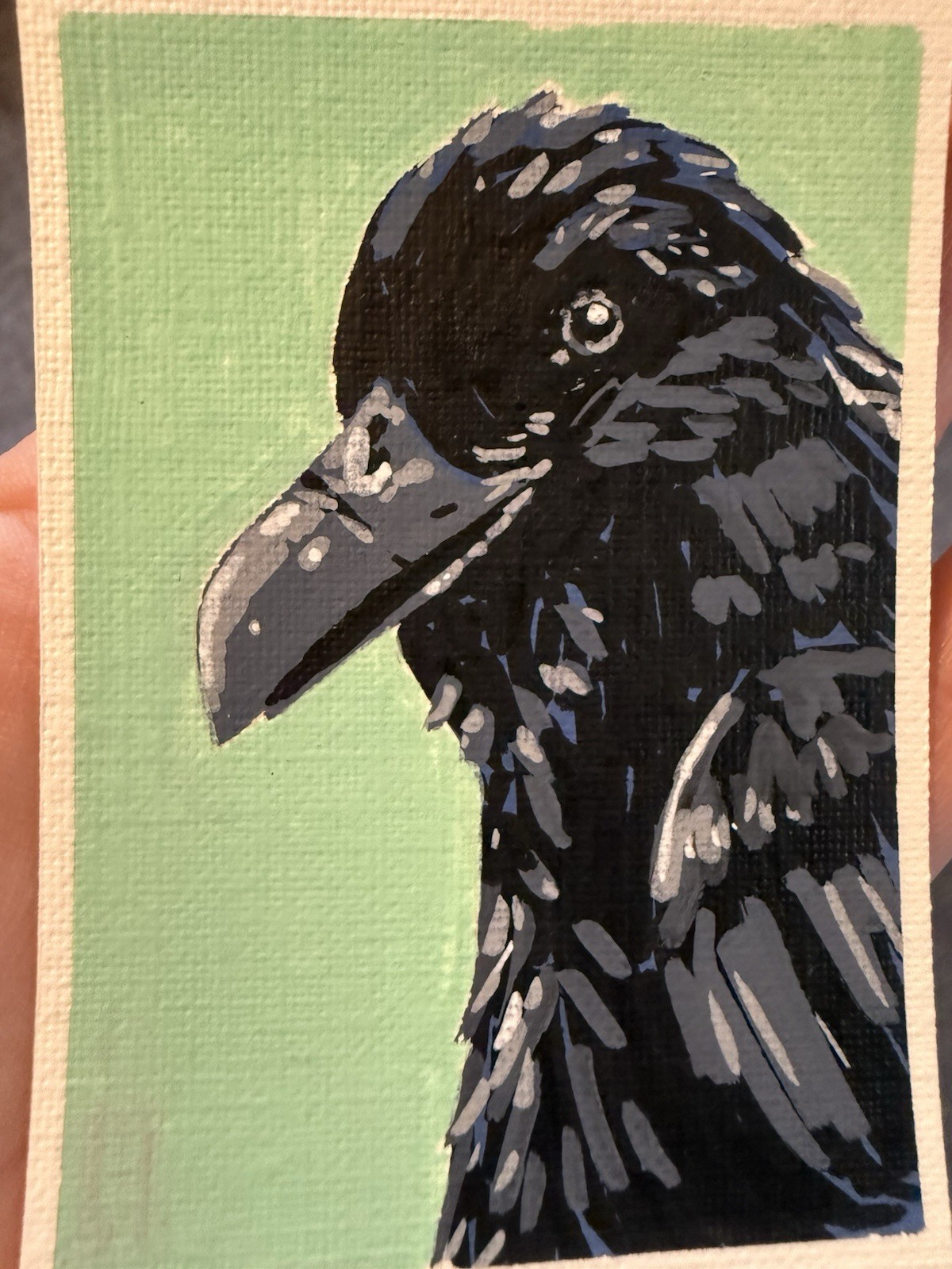 ACEO OOAK Crow painting black blue green bird colorful Haileylikespaint
