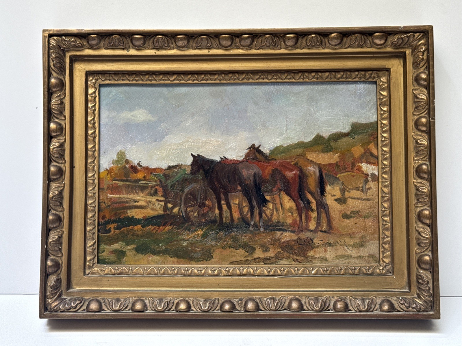 ANTIQUE LANDSCAPE PAINTING HORSES IMPRESSIONIST SIGNED REGIONALISM MYSTERY Farm