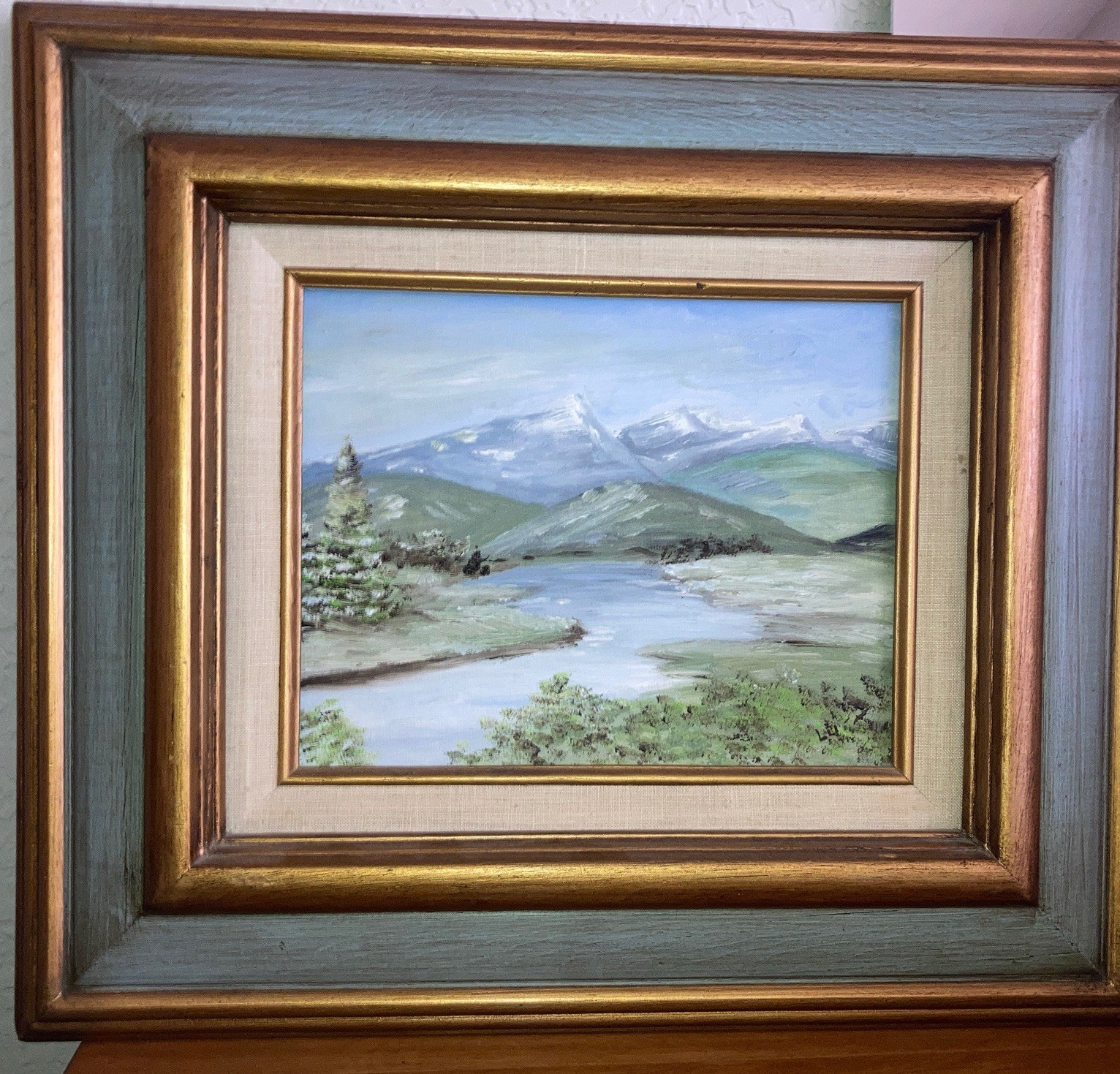 Vintage Estate Sale Find Signed Oil Painting Snow Mountains Landscape 1984 Frame
