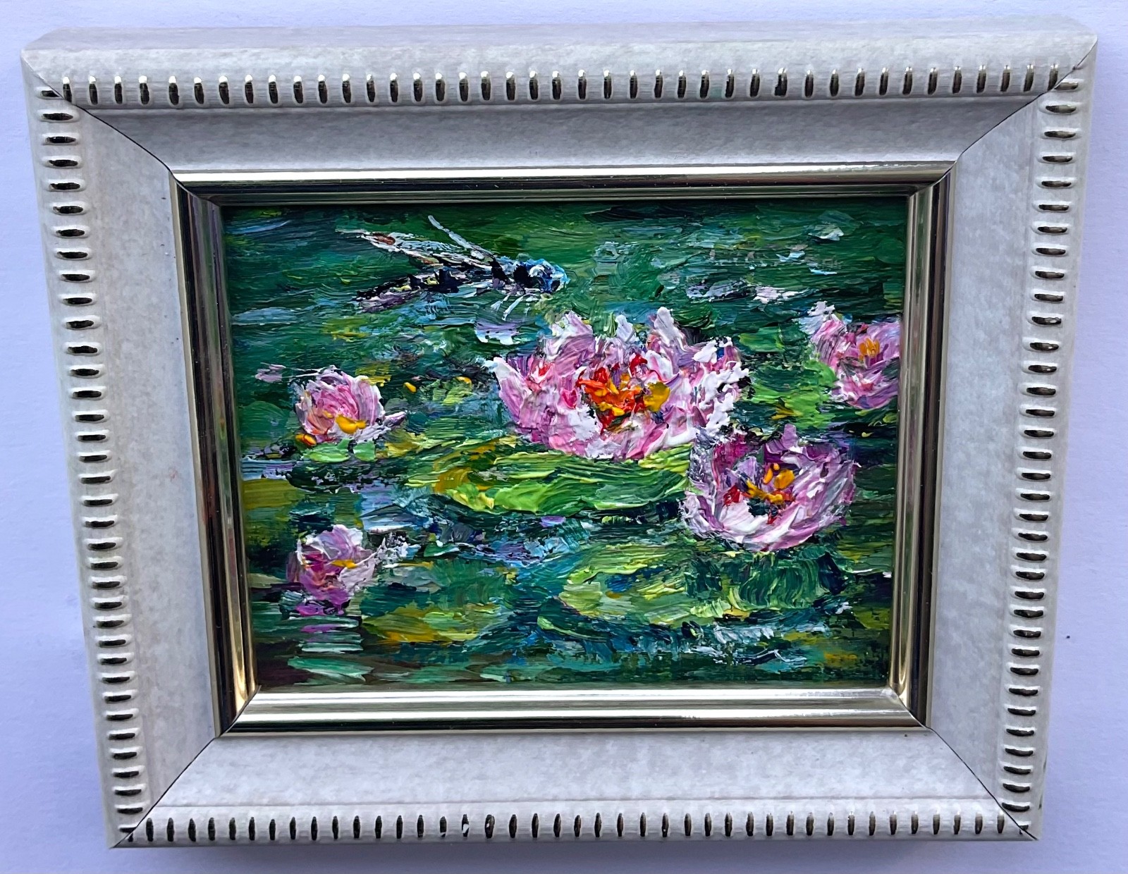 Water Lilies Dragonfly Оriginal Oil Painting Landscape Lotus mini art 3×2.5in