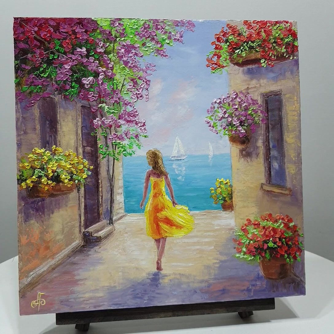 Original Oil Painting Girl Yellow Dress Sea View Floral Street Impressionist Art