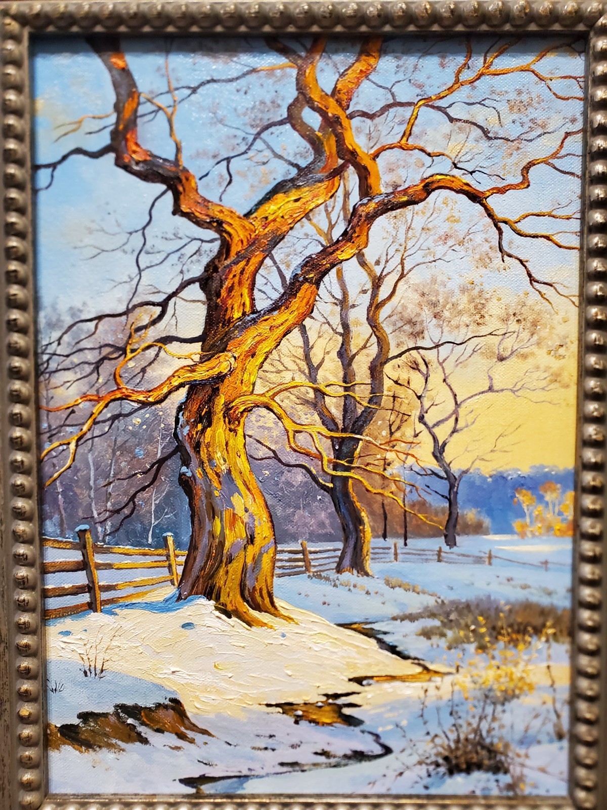 Original Oil Art Framed winter landscape painting with trees and bright blue sky