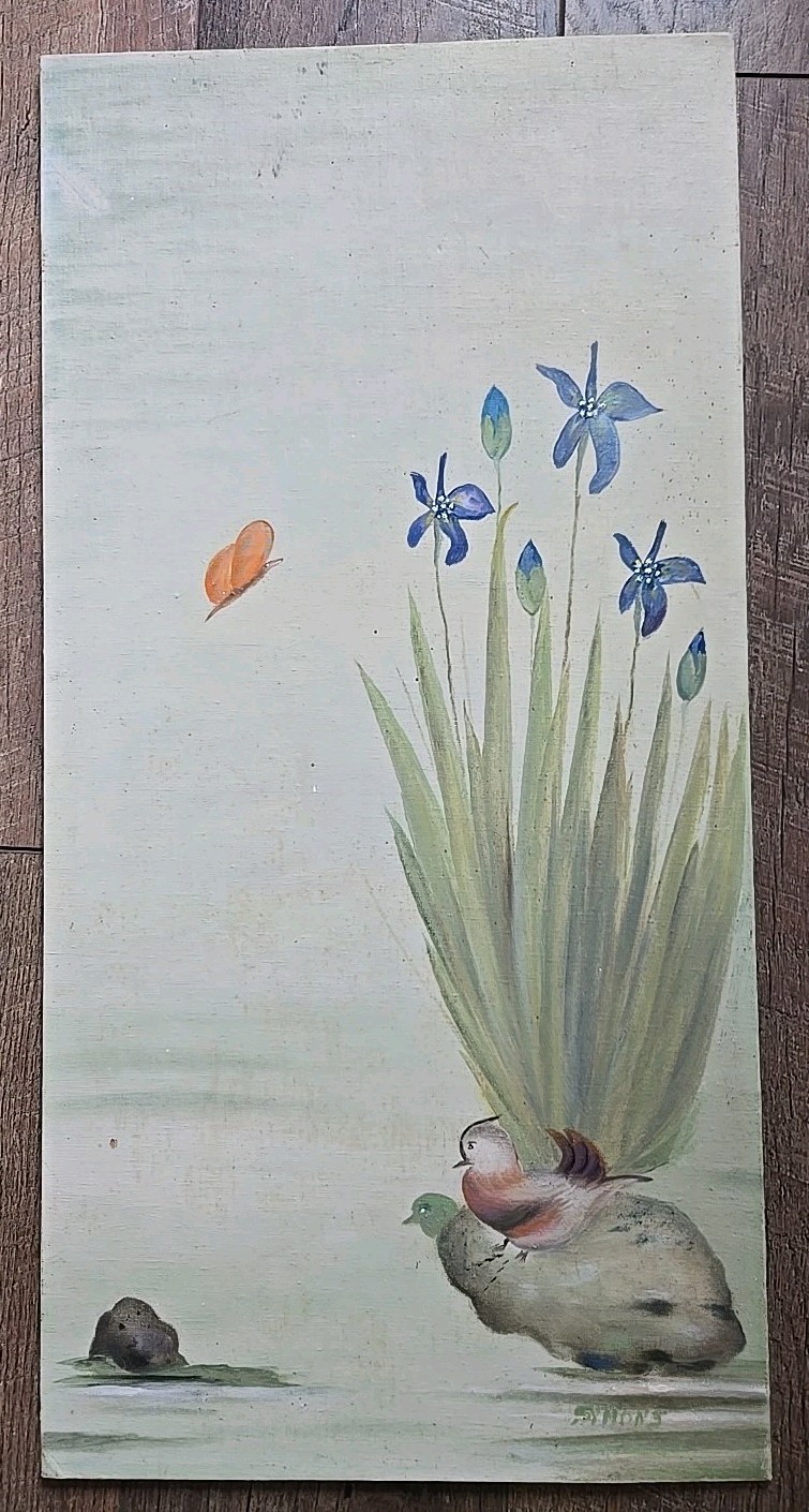 VTG Symons Signed Original Painting 12″ X 24″ Art Nature Birds Flowers Zen