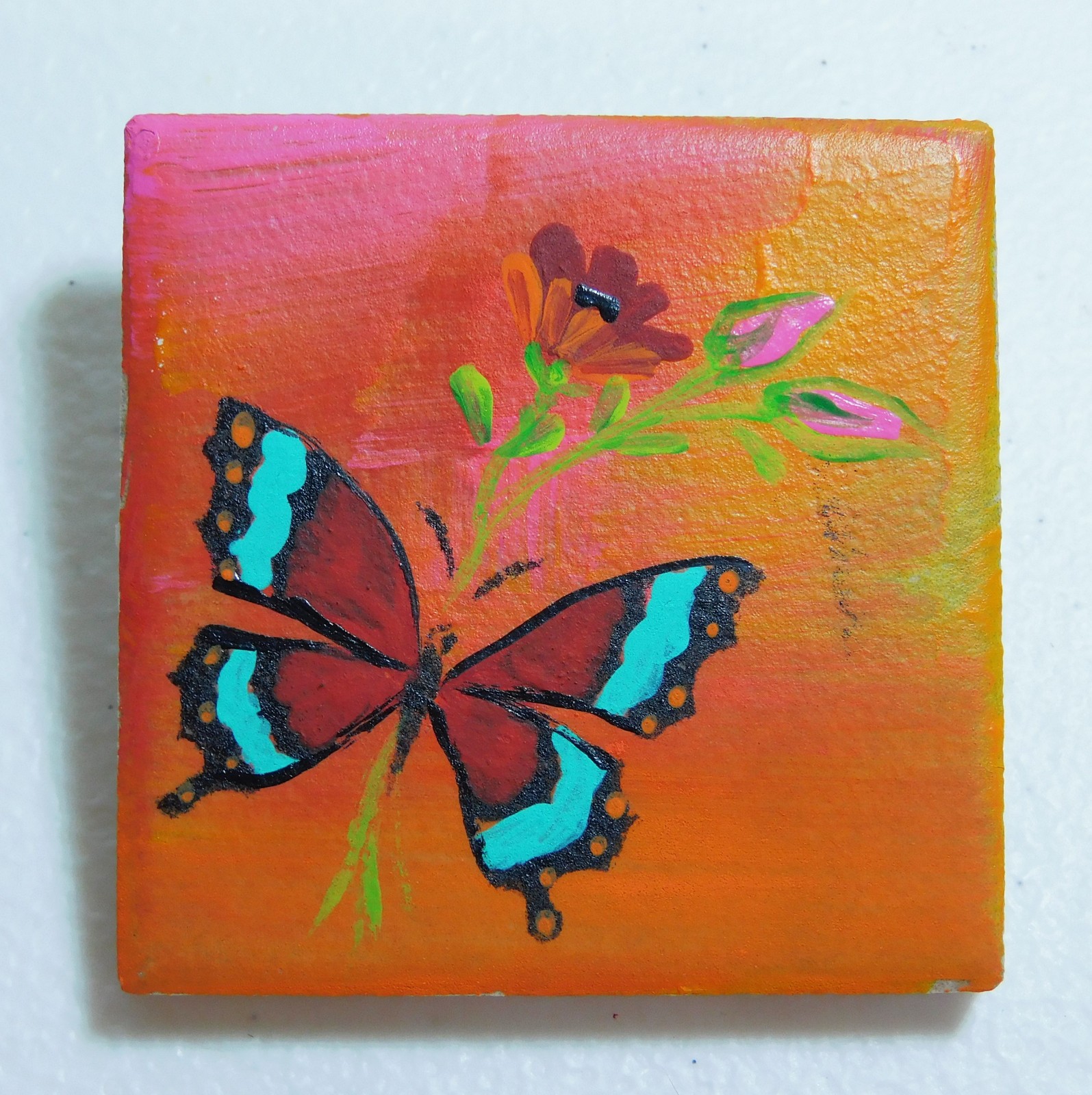 Butterfly &Flowers Hand Painted on Ceramic Tile Magnet Art by Rain Crow