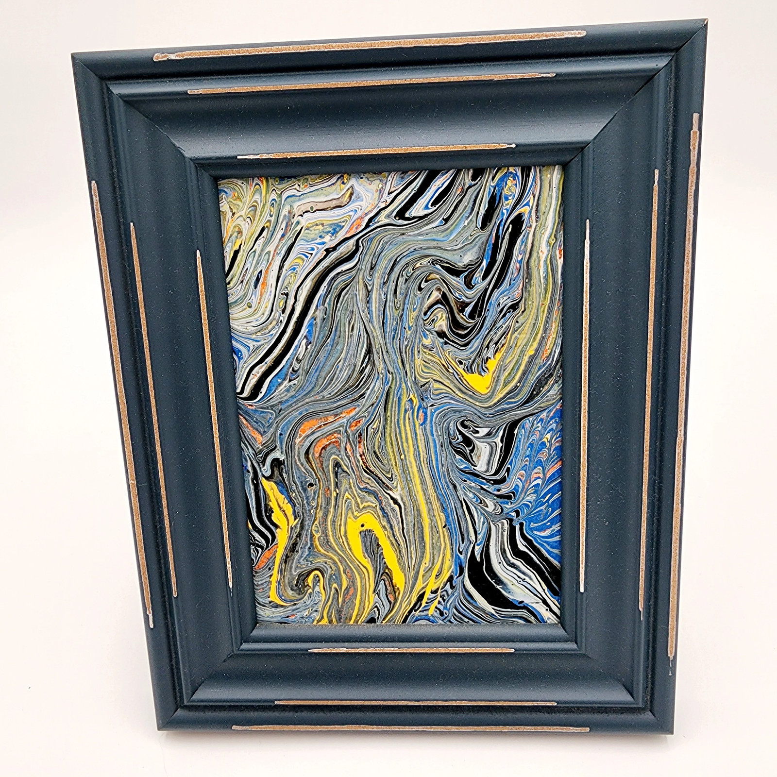 Original Fluid Art Modern Abstract Painting Blue Gray Yellow Framed Wall Art Mel