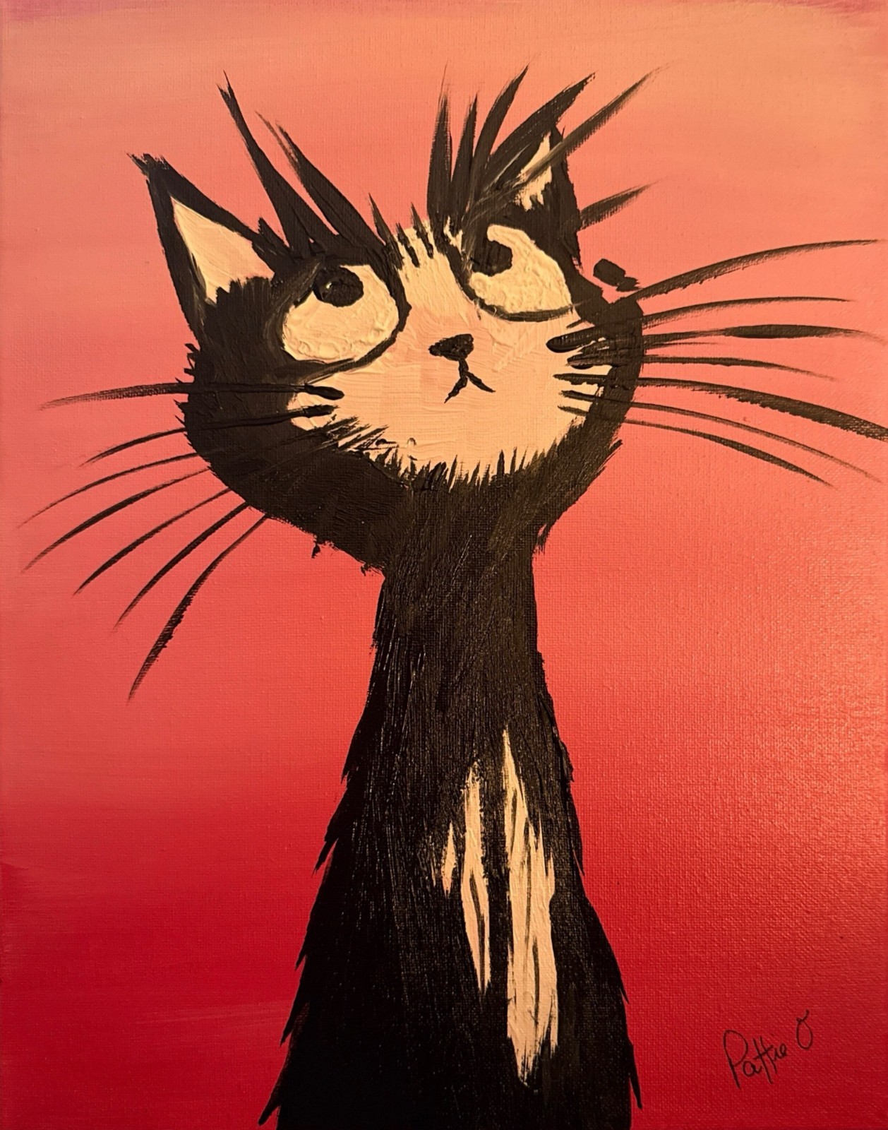 Whimsical Folk Art Cat Portrait Painting Original Art 14×11 Canvas Signed Black
