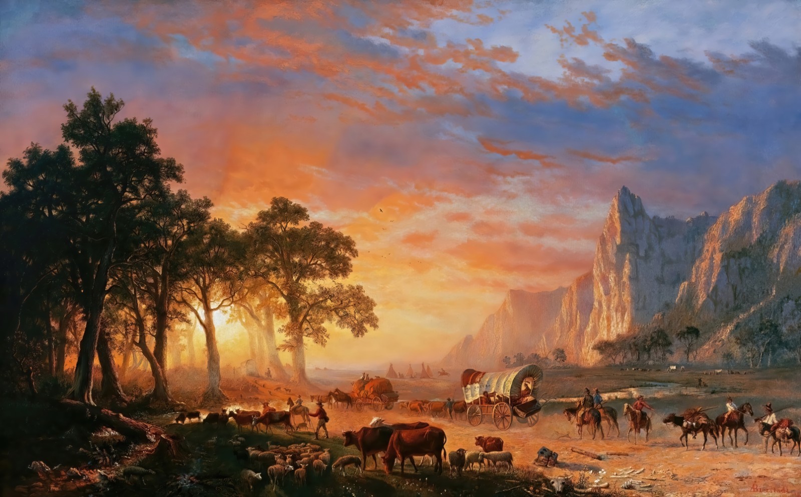 Emigrants Crossing Plains, Oregon Trail Painting Albert Bierstadt Reproduction