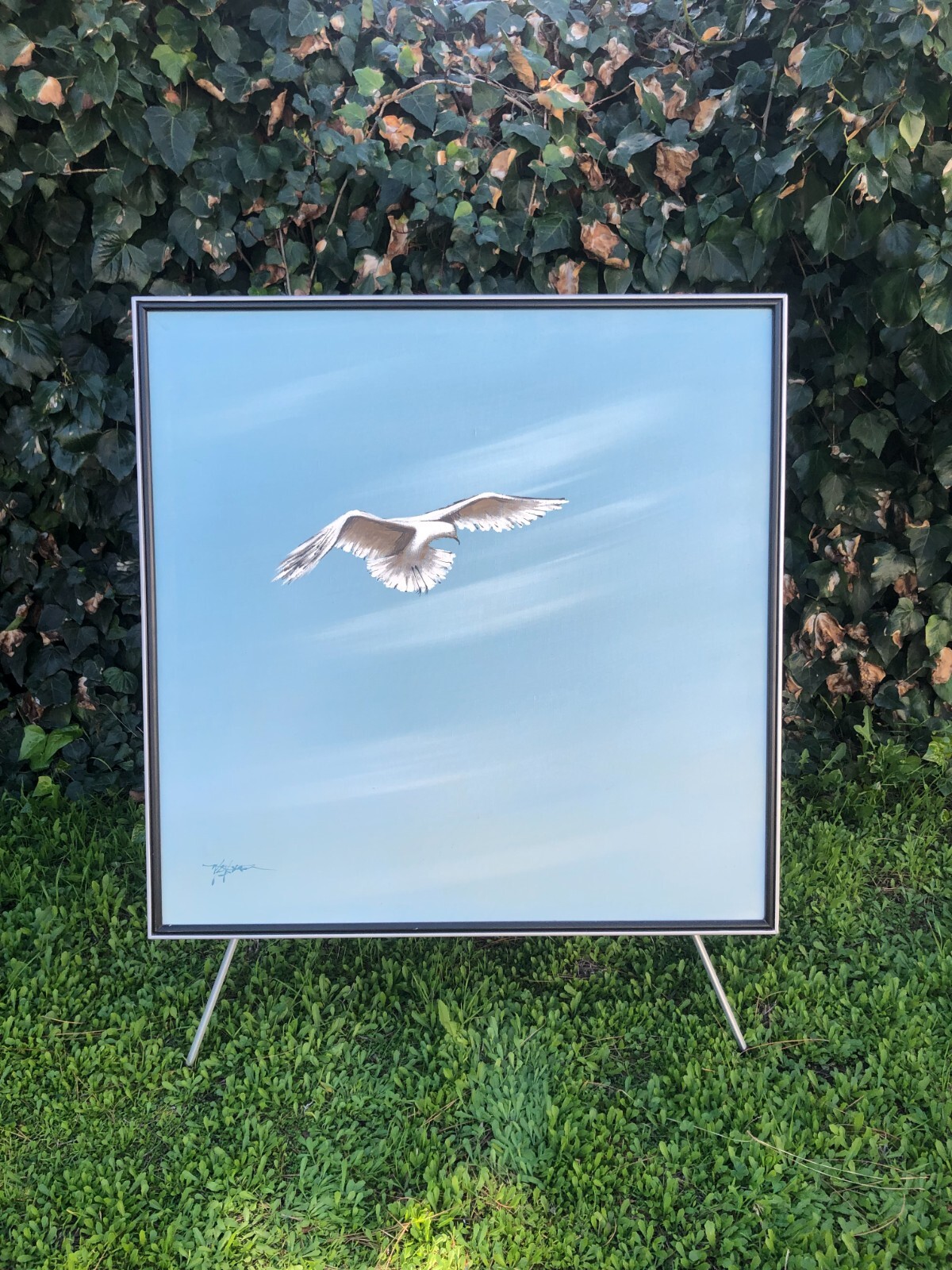 WATSON Original MODERN HUGE 1970s MINIMALIST SEASCAPE BEACH Oil Blue Sky Dove