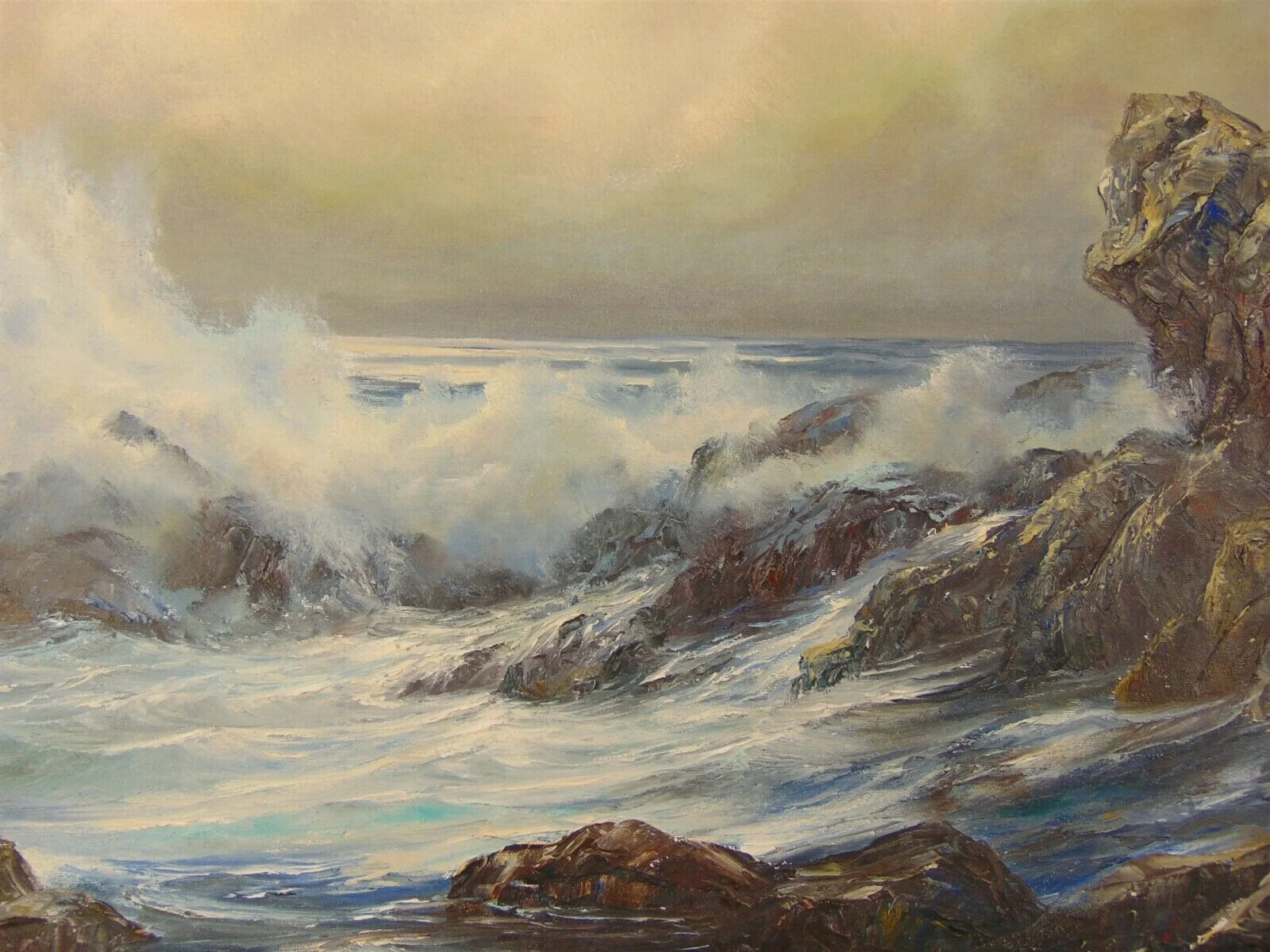 Original Painting Horizontal SEASCAPE by ROSEMARY MINER Rocks Storm Superb!