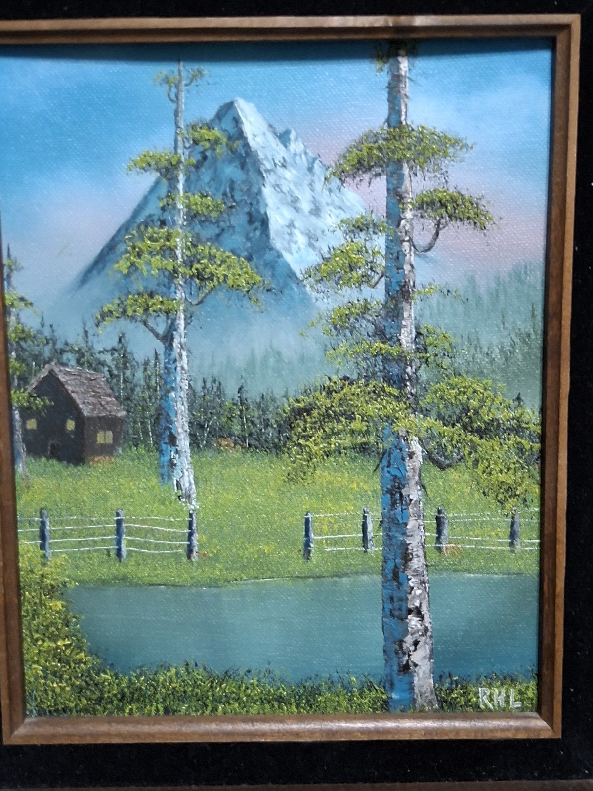 Vintage oil painting on Artist canvas panel Framed Signed Cabin in the woods…