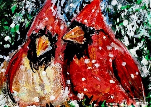 ORIGINAL ACEO PAINTING Cardinal Bird Winter Red male female BIRD Snow Nature ART