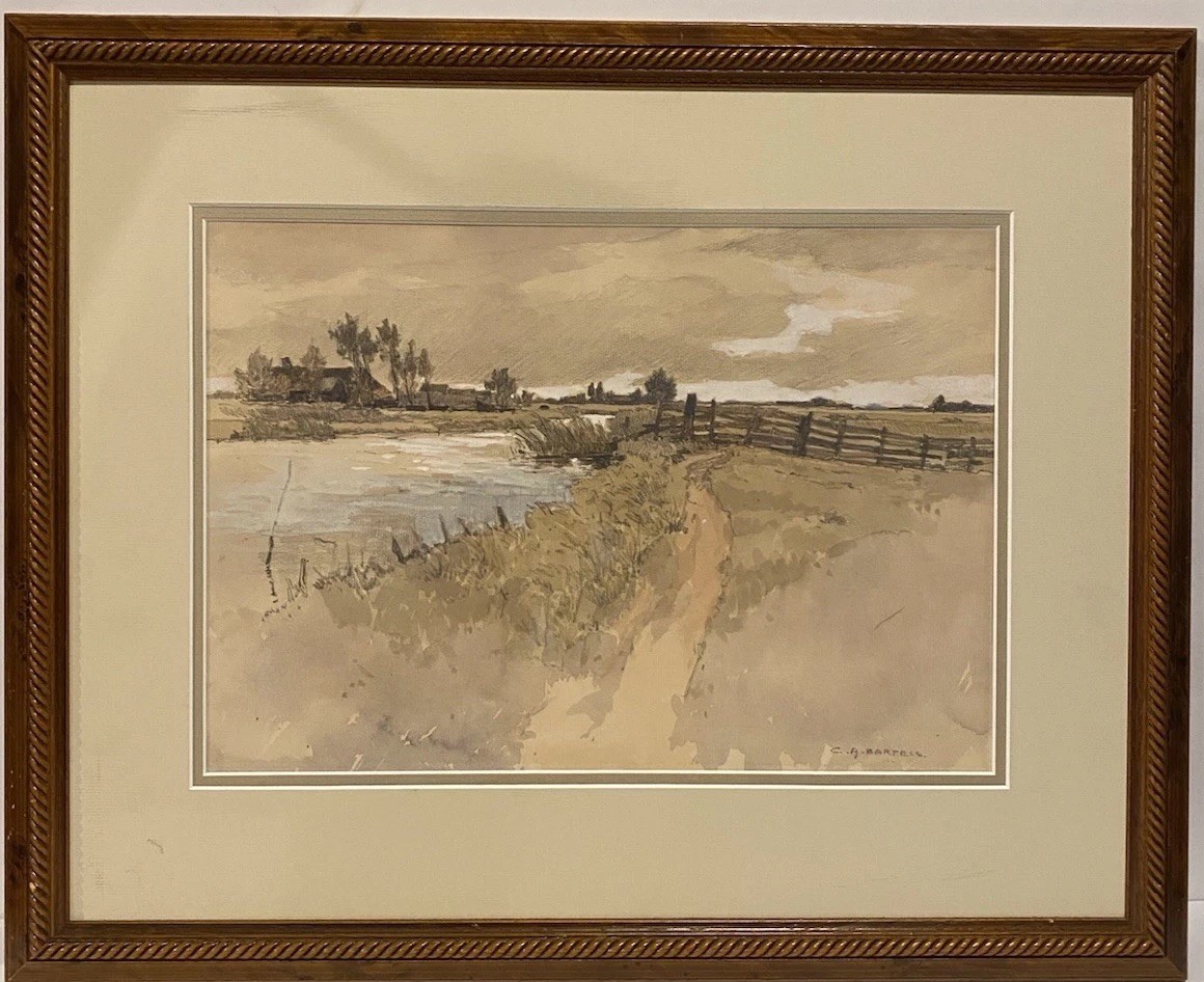 C.A. Bartels Original Watercolor Rural River Landscape – Framed 22½ x 18 in