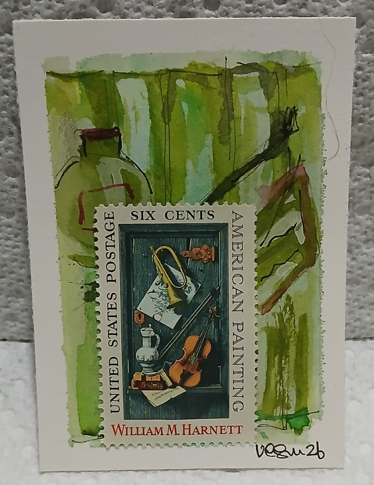 Postal Whimsy — 6¢ William Harnett OOAK Abstract Watercolor ACEO by Virginia
