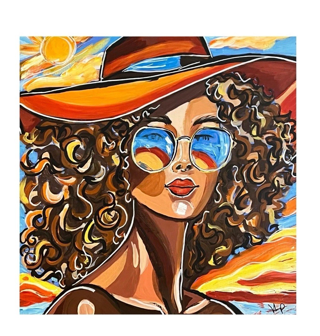 Original Pop Art Painting Woman Sunglasses Curly Hair Modern Sun Hat Art 12×12