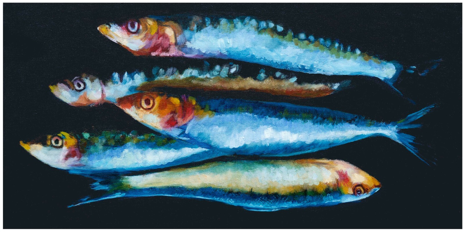 Fine Art Original Oil Painting Sardines Fish Fisherman, Beach house Still Life