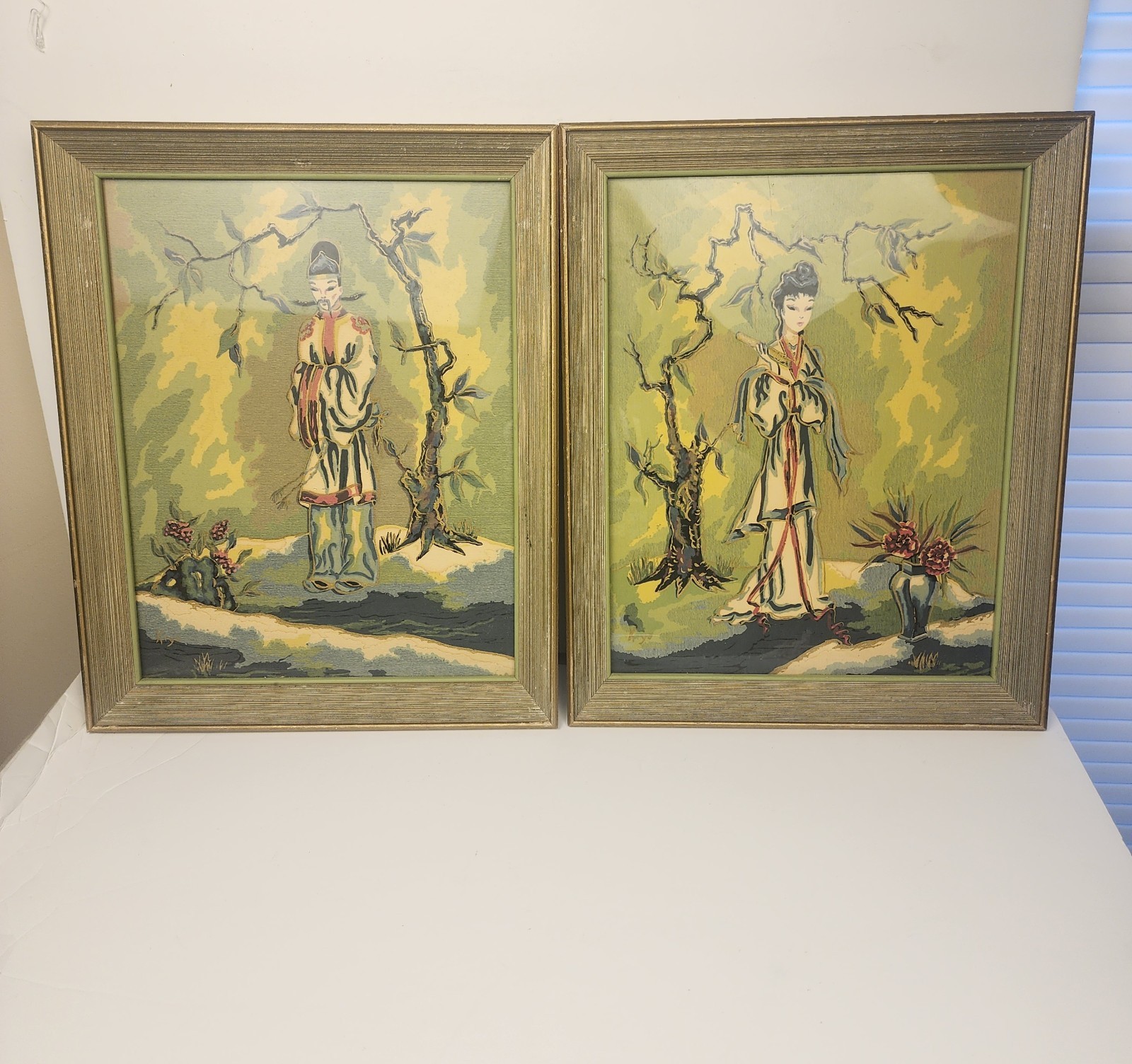 Vintage “Kiyo” Signed Pair Of MCM WC Paintings Japanese Lady & Man With Frames