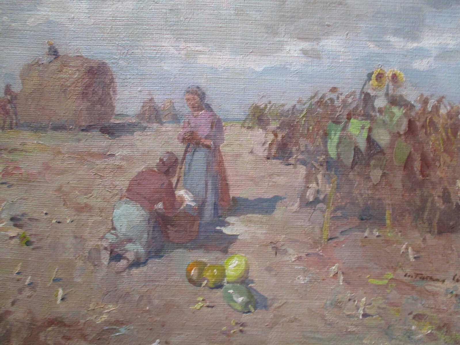 LARGE VINTAGE ANTIQUE IMPRESSIONIST PAINTING LANDSCAPE OLD FARM WORKERS WPA ERA