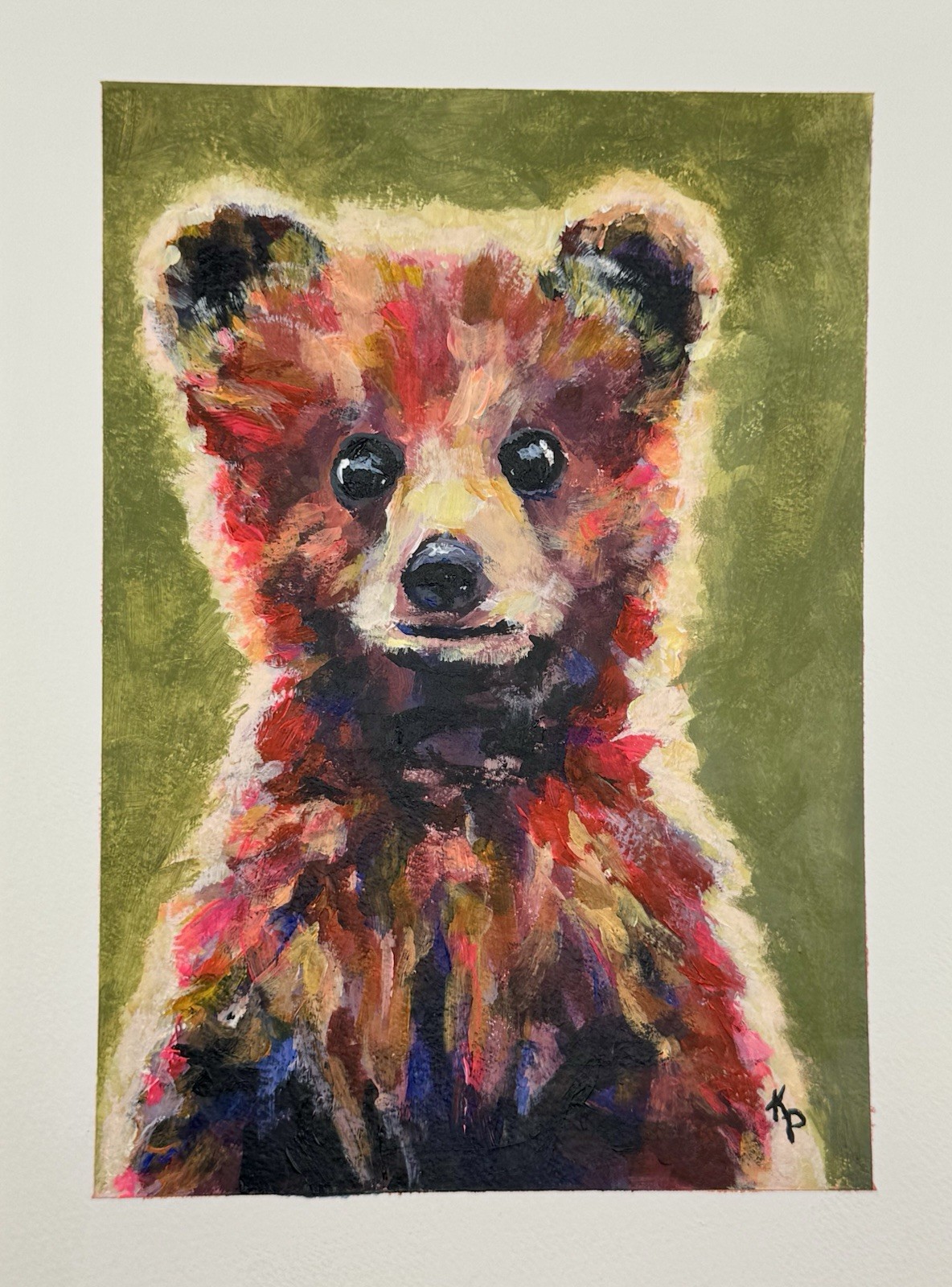 Original Acrylic Painting – Watercolor Paper 9×12 Cute Whimsical Bear Cub Fun