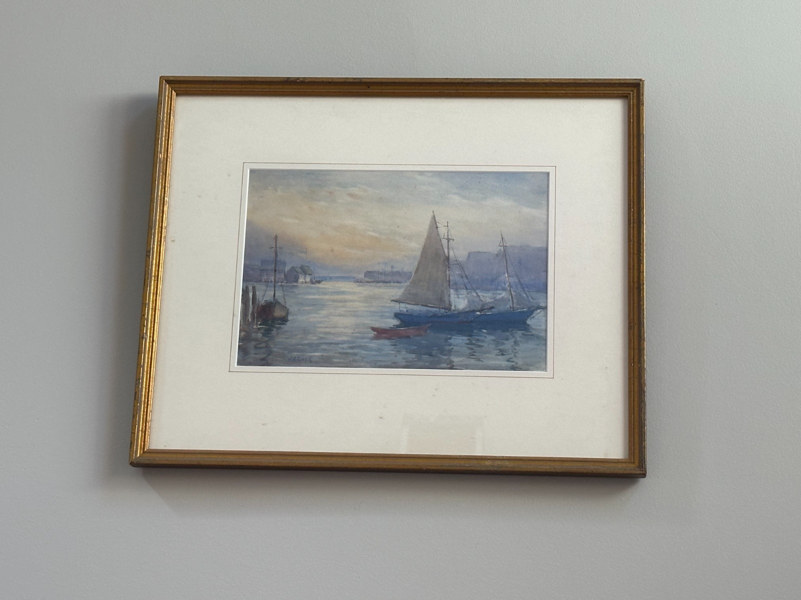 John A. Cook (1870-1936) Gloucester Harbor Sailboats Watercolor, Signed Cape Ann