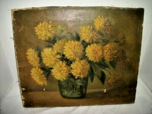 Victorian Floral Oil Painting Mums Cottagecore 1890s Signed TF Murphy Antique