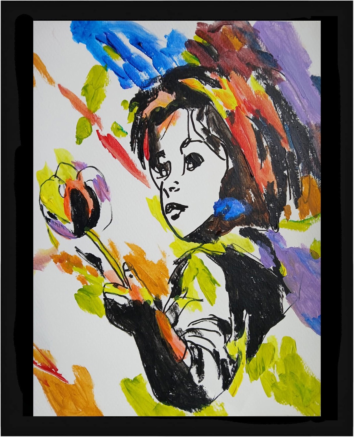 Expressionism/Abstract 11×14 Girl With Flower Signed Colorful Hand Made Painting