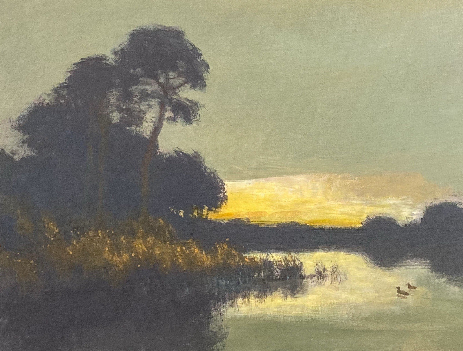 Ducks Bird Wildlife Oil Painting Landscape River Sunset Glow Signed Art Oil